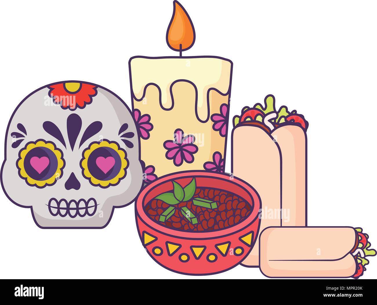 Calaveras de azúcar y velas con comida mexicana sobre fondo blanco,  ilustración vectorial Imagen Vector de stock - Alamy