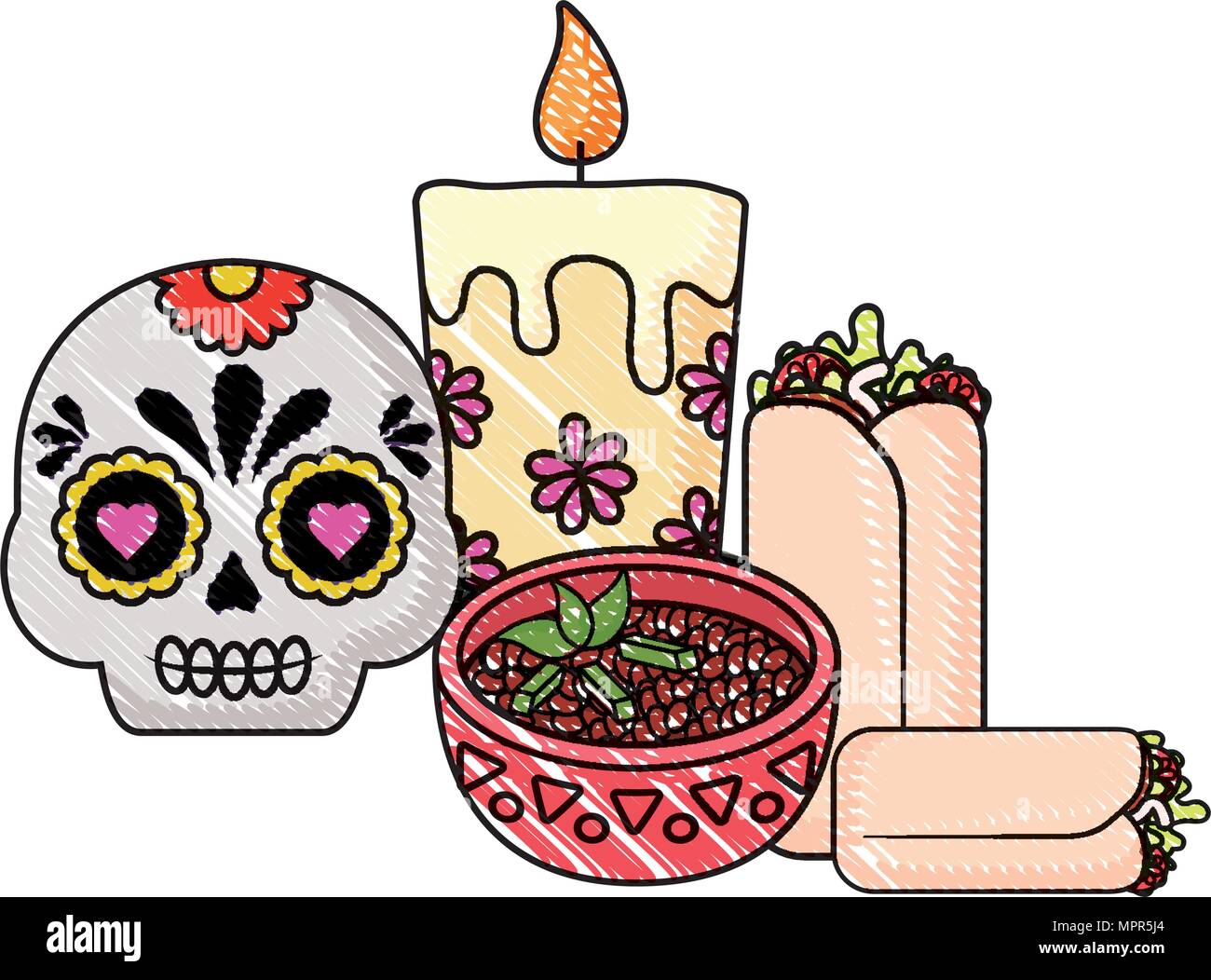 Calaveras de azúcar y velas con comida mexicana sobre fondo blanco,  ilustración vectorial Imagen Vector de stock - Alamy