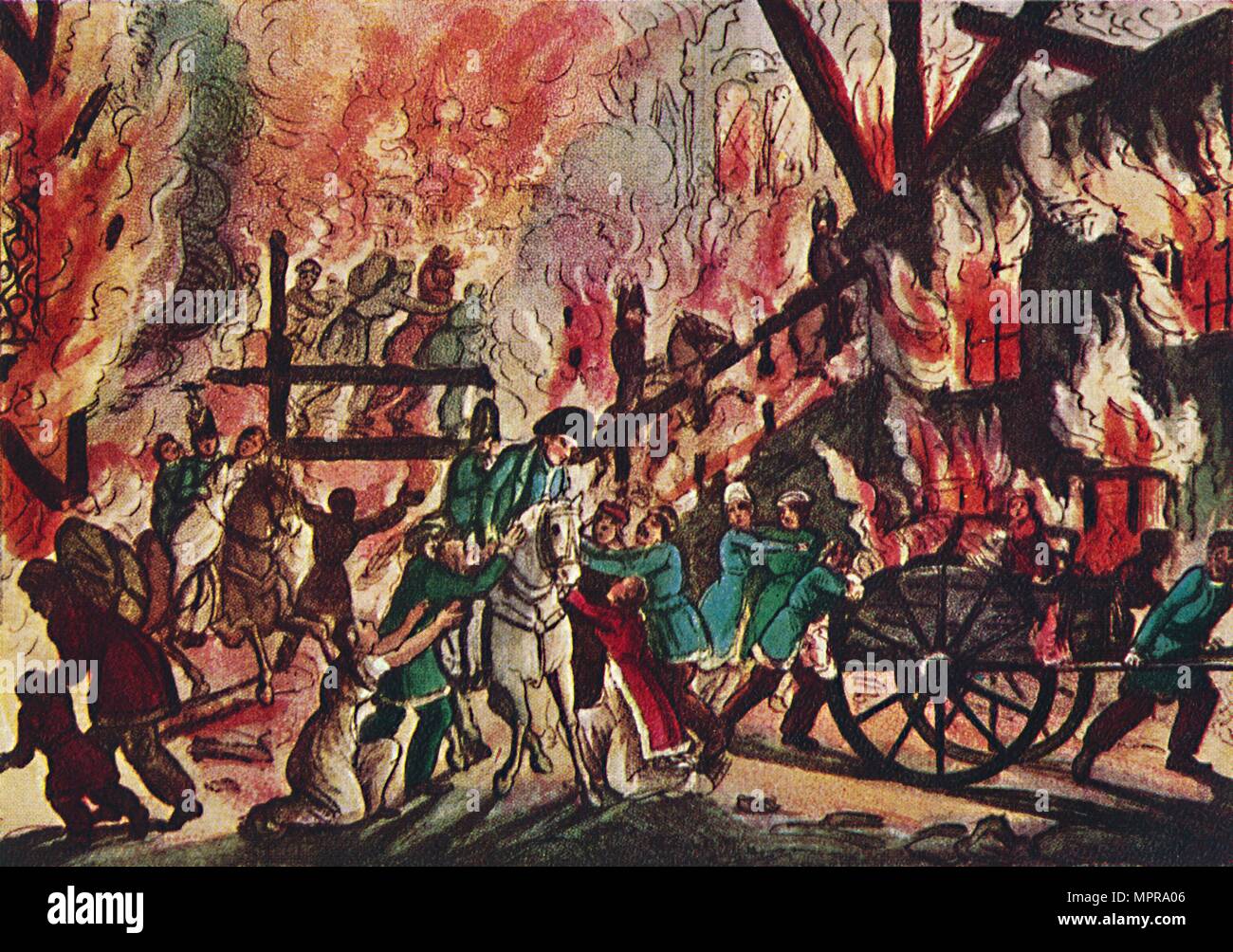 'La quema de Moscú: "un gran espectáculo ecuestre y militar", de 1942. Artista: Desconocido. Foto de stock