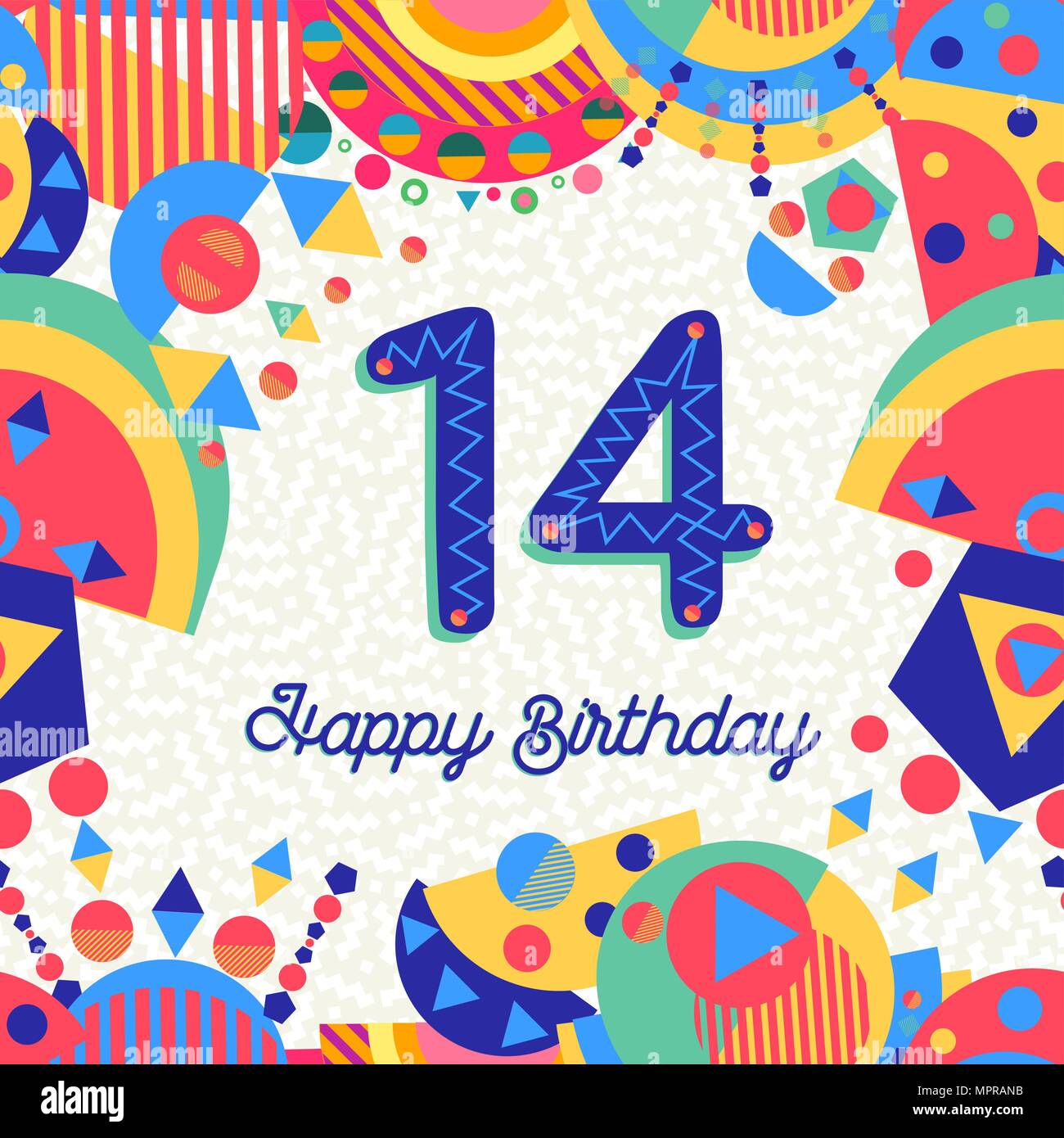 Feliz cumpleaños 14 14 años de diseño divertido con número, texto de  etiqueta y una decoración colorida. Ideal para la invitación a una fiesta o  tarjeta de felicitación. Vector EPS10 Imagen Vector