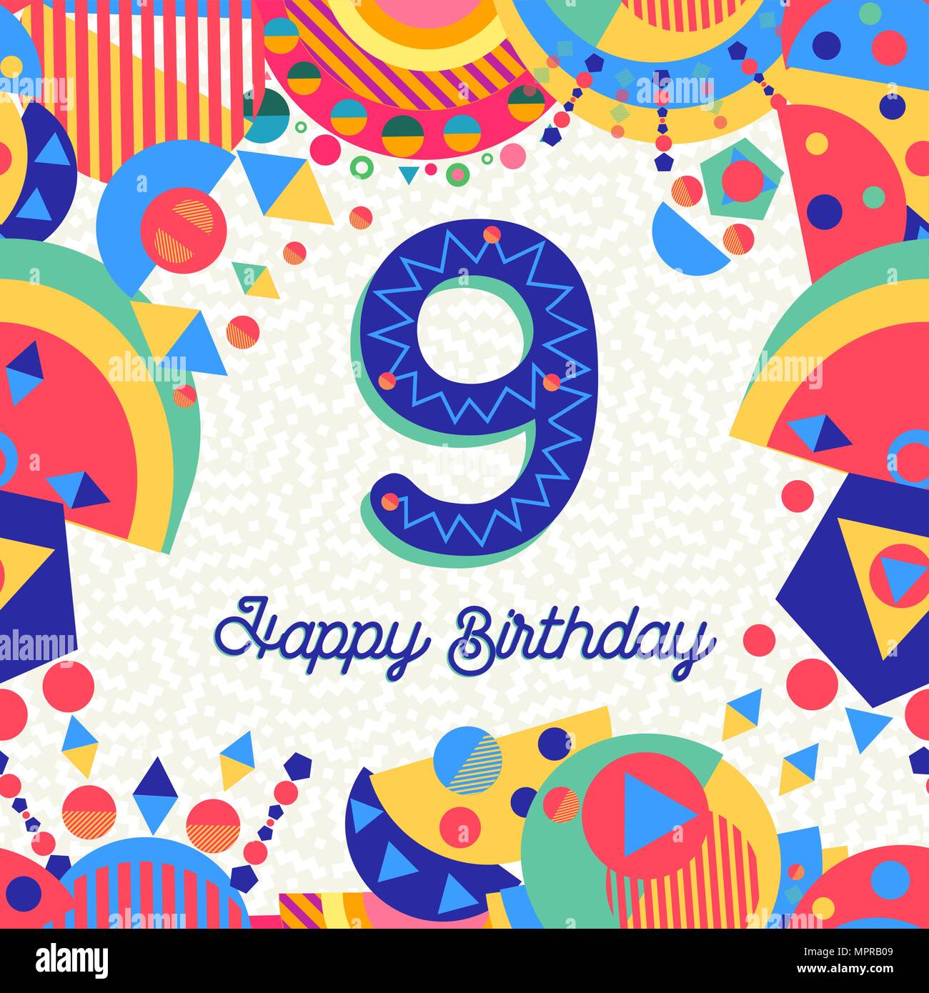 Feliz Cumpleaños 9 9 año diseño divertido con número, texto de etiqueta y  una decoración colorida. Ideal para la invitación a una fiesta o tarjeta de  felicitación. Vector EPS10 Imagen Vector de