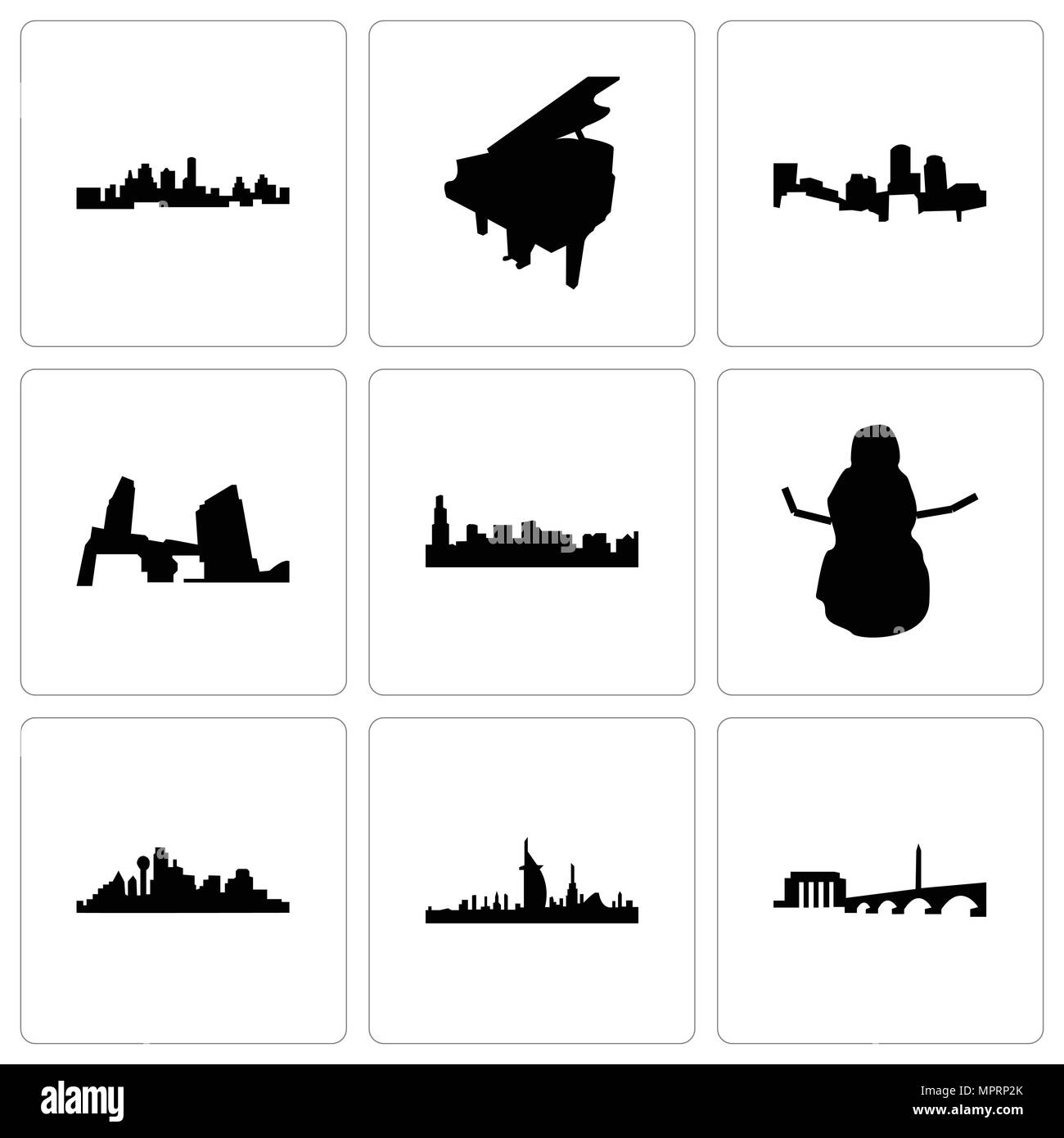 Conjunto de 9 sencillos iconos editables como dc, Dubai, Dallas, muñeco de nieve, Chicago, Long Island, Boston, grand piano, Kansas City, puede utilizarse para móvil, web Ilustración del Vector