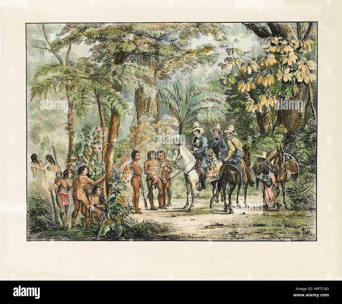 El encuentro entre los nativos americanos y europeos. Desde Malerische Reise en Brasilien. Foto de stock