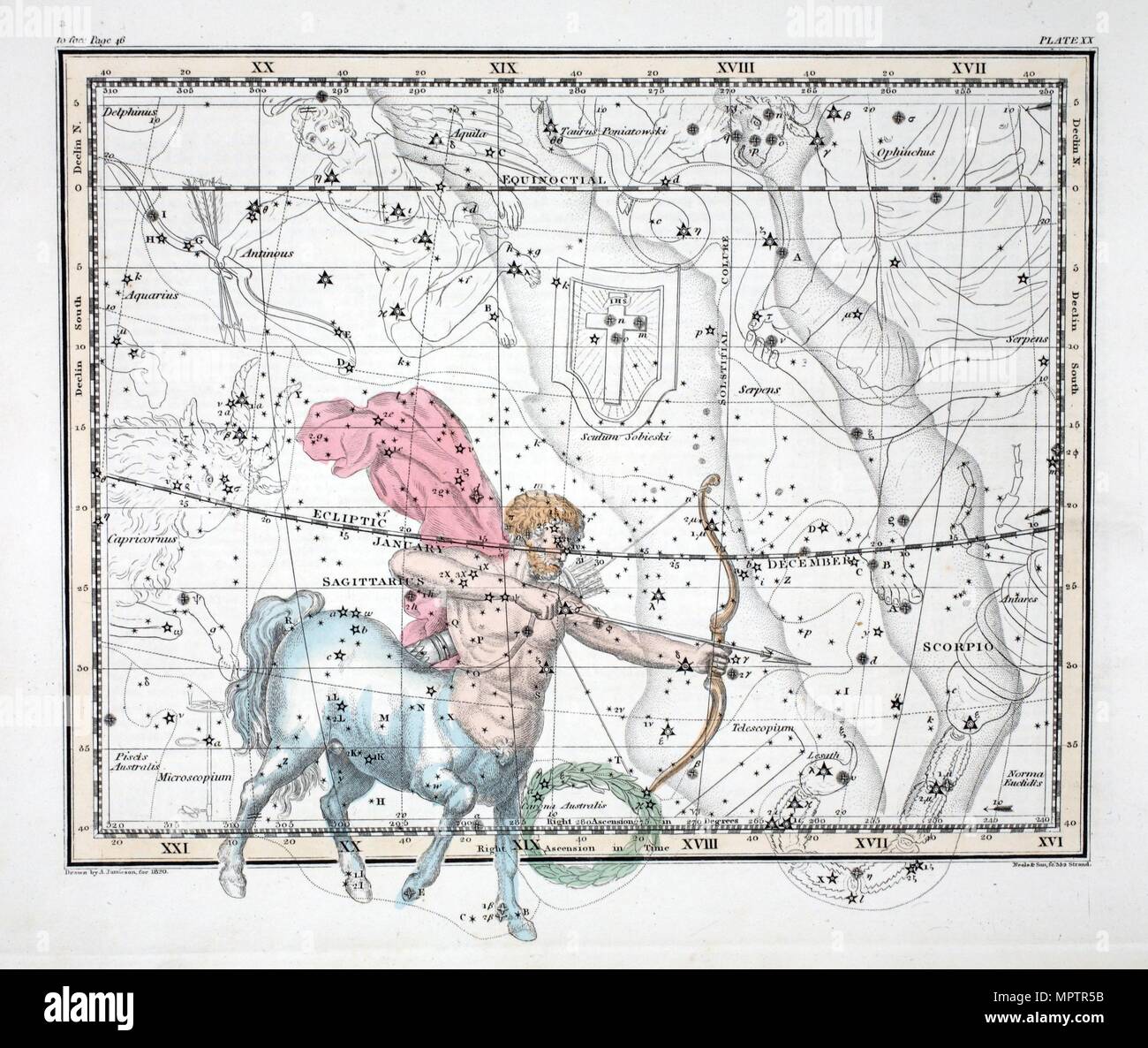 Las constelaciones (placa XX) Sagitario, 1822. Foto de stock