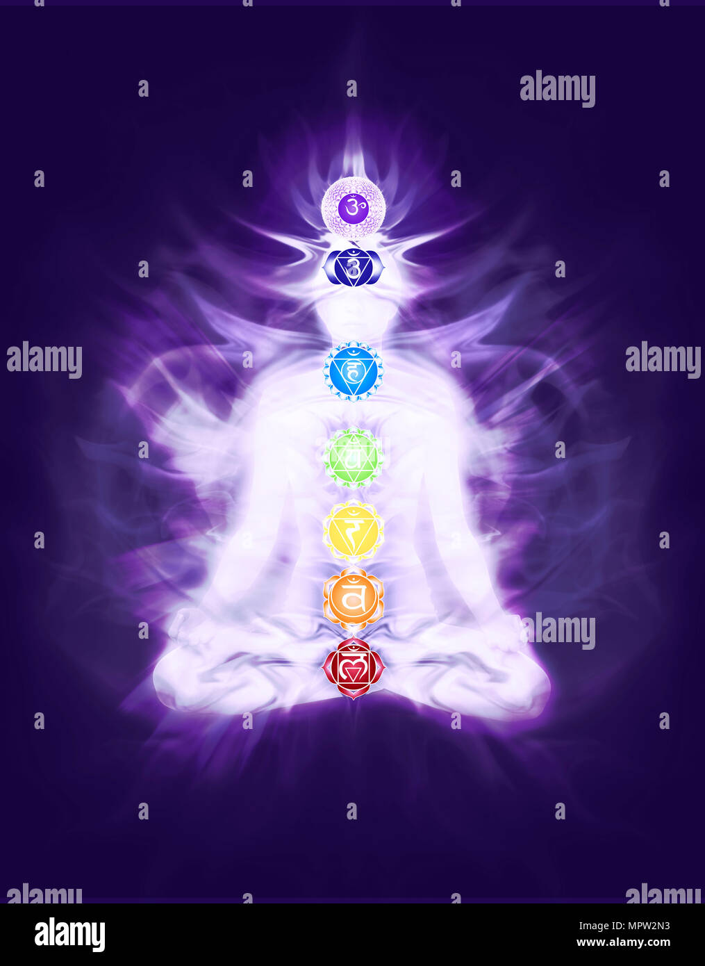 Persona sentada en la meditación del yoga lotus posan con chakras y colores provenientes del flujo de energía en el cuerpo superpuestas, diseño artístico, Ilustración conceptual Foto de stock