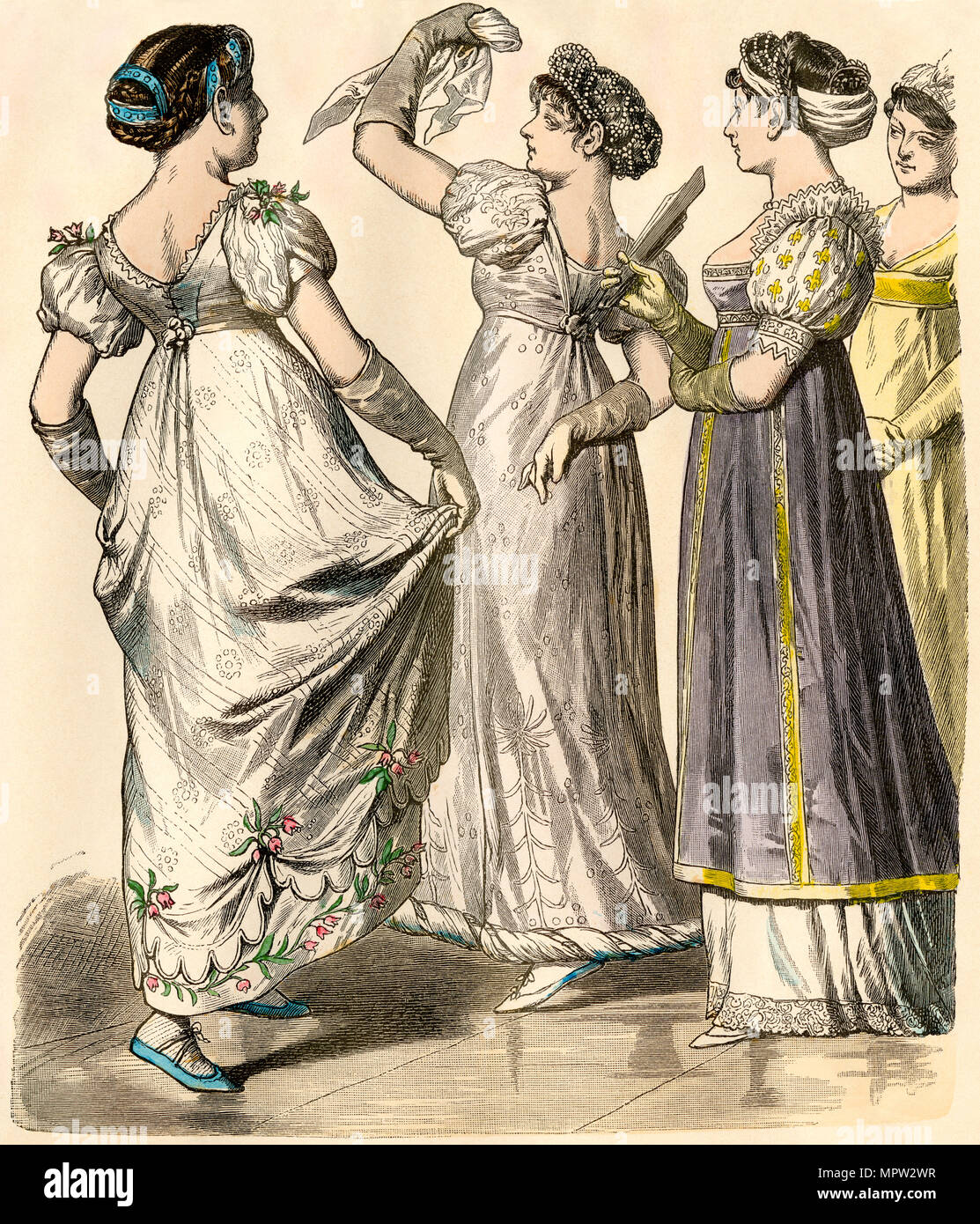 Señoras usando imperio francés, modas, 1808-1809. Mano de color imprimir Foto de stock