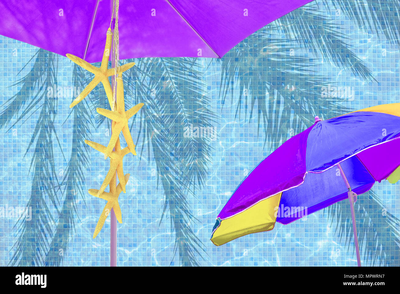 Parasol púrpura amarillo starfish humor verano azul de fondo el espacio publicitario Foto de stock