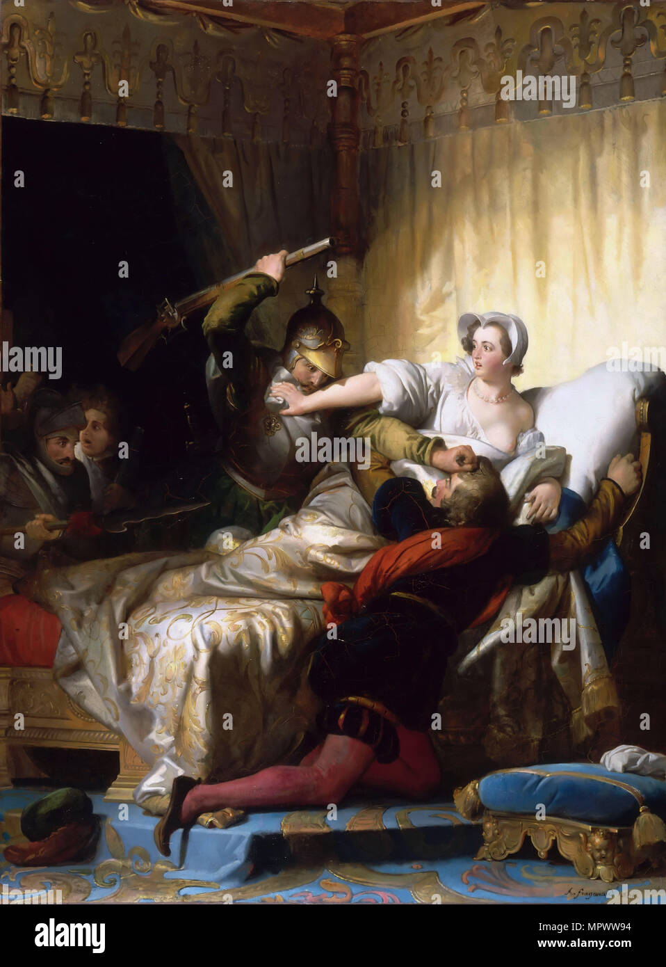 Escena en el dormitorio de Marguerite de Valois durante la masacre del día de San Bartolomé, 1836. Foto de stock