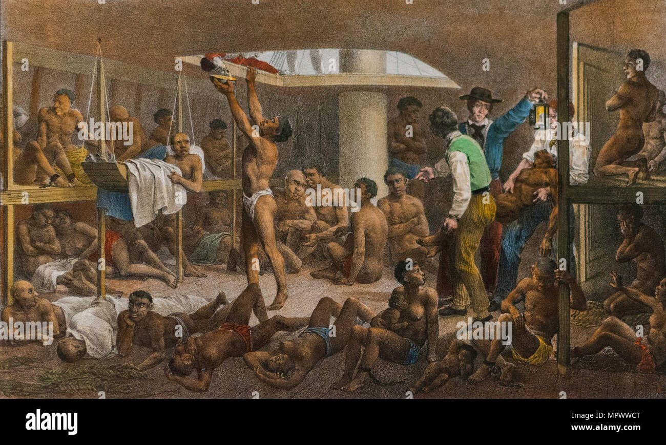 Los esclavos en la bodega de un barco de esclavos, c. 1830. Foto de stock