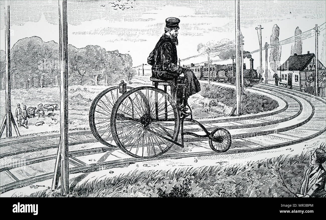 Ilustración mostrando un triciclo utilizados para efectuar las inspecciones en pista ferrocarriles alemanes. Fecha del siglo XIX Foto de stock
