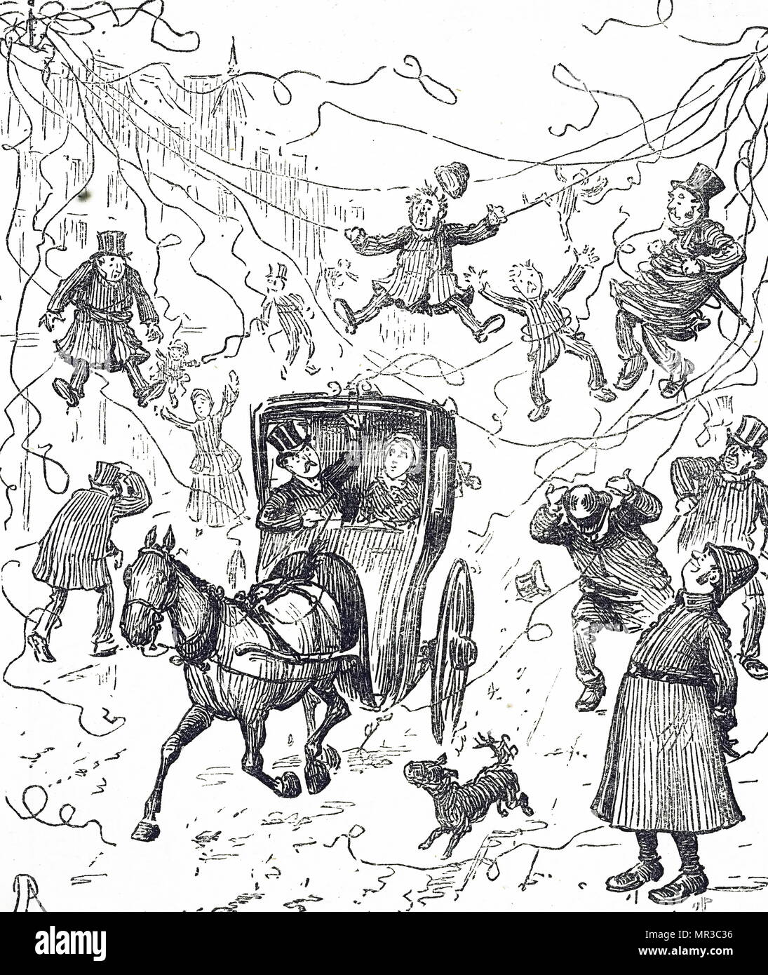 Cartoon comentando el caos causado por el aumento de los cables telefónicos. Fecha del siglo XIX Foto de stock