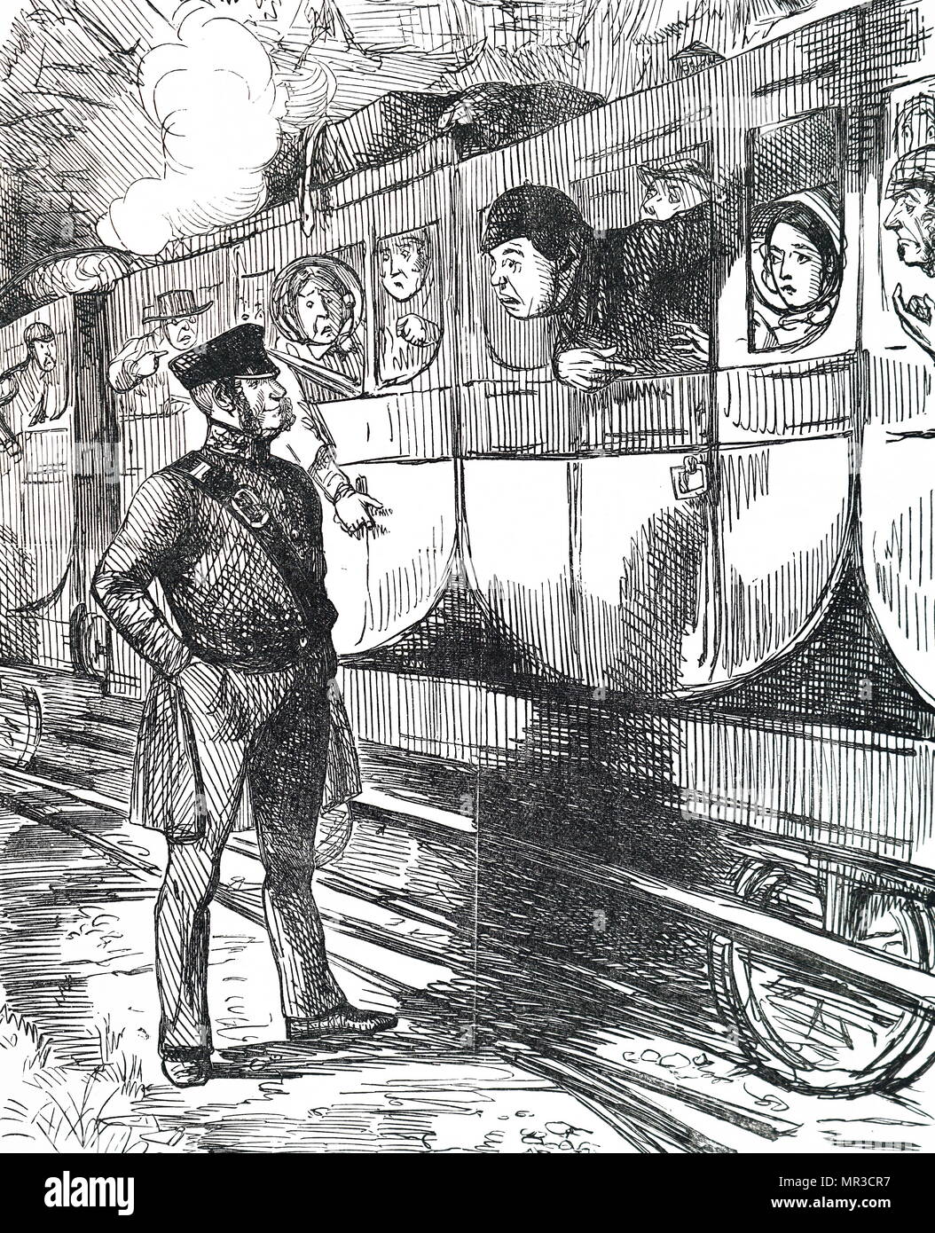 Cartoon titulada 'Railway Fusión'. Los pasajeros aparecen en un estado de pánico como un tren está llegando rápidamente detrás de ellos, como están pegados en la plataforma. Ilustrado por John Leech (1817-1864) Inglés un caricaturista e ilustrador. Fecha del siglo XIX Foto de stock