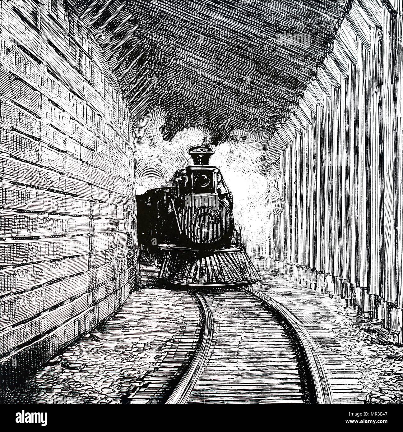 Ilustración mostrando un tren pasa a través de un de madera Snowshoed en las Selkirks, Canadá. Fecha del siglo XIX Foto de stock