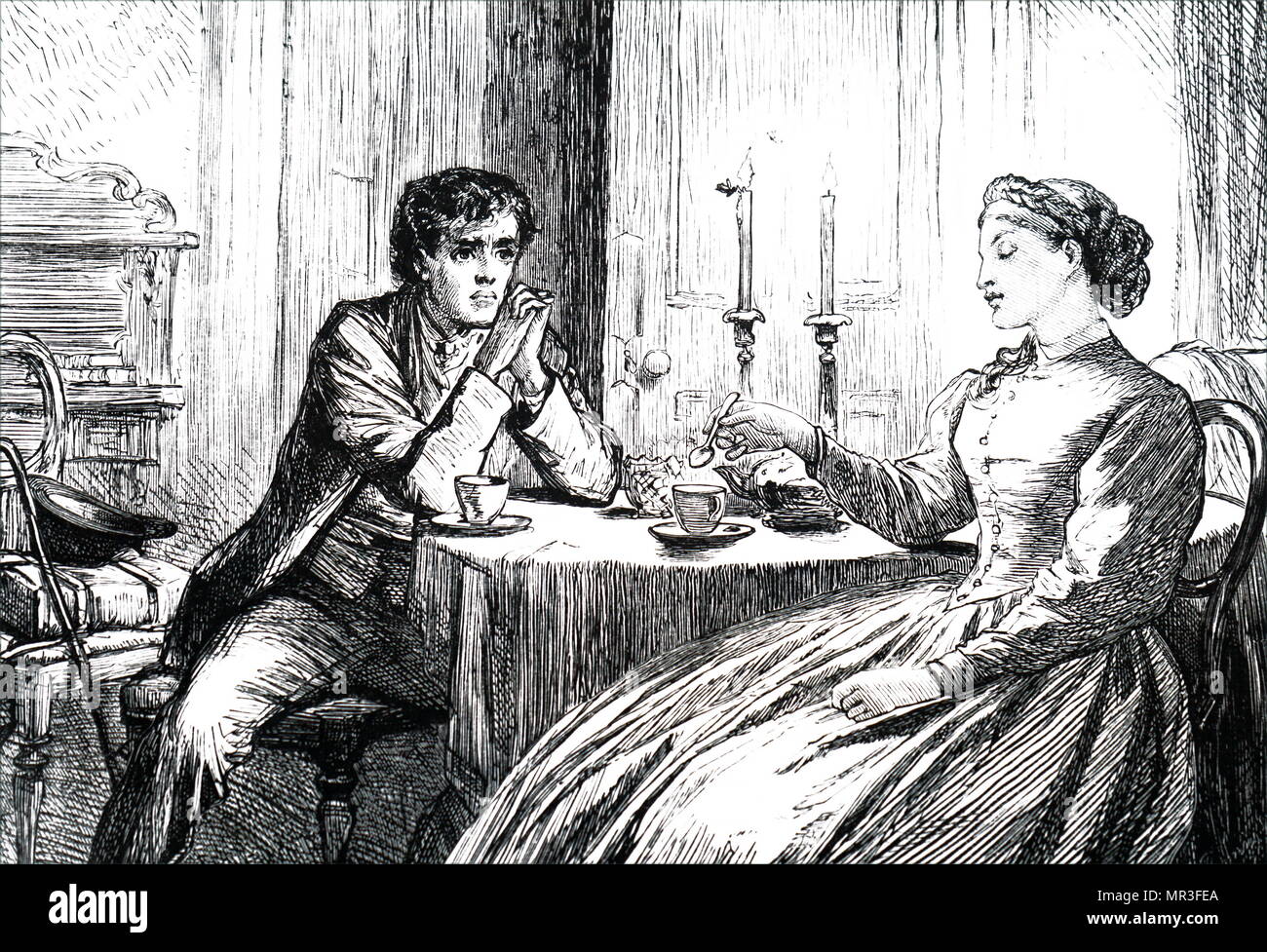 Cartoon titulado 'La Polilla alrededor de la vela". Un hombre joven besotted y dibuja a una mujer como inevitablemente como una polilla singes en la llama de una vela. Fecha del siglo XIX Foto de stock