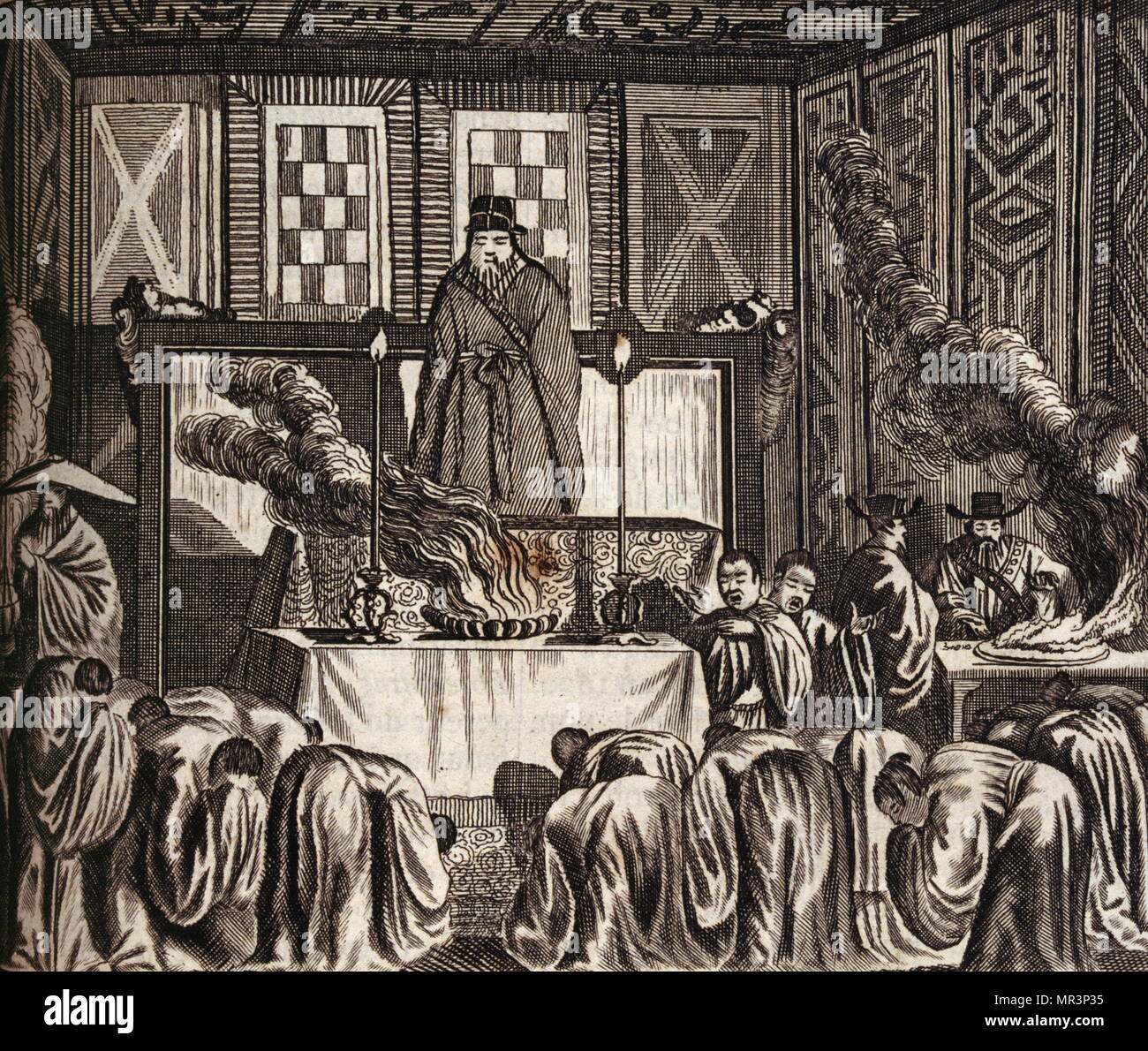 Ceremonia fúnebre (taoísta) para un alto noble en China. A partir de los viajes realizados a Persia e India 1727, por Johan Albrecht de Mandelslo (1616-1644). del siglo xvii aventurero alemán, quien escribió acerca de sus viajes a través de Persia e India Foto de stock