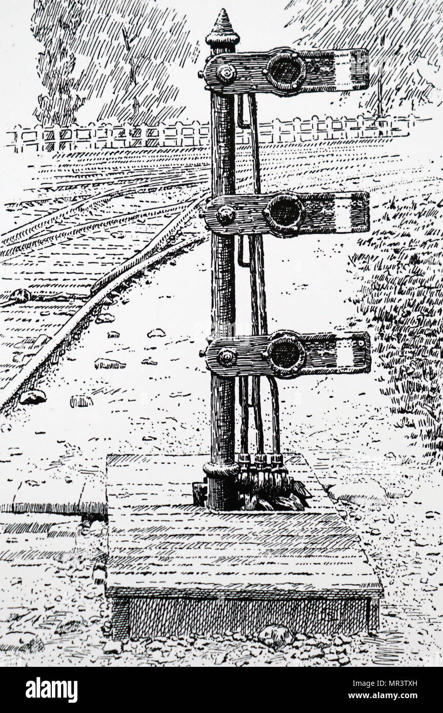 Ilustración mostrando un enano y dividir la señal del semáforo encienda un American Railroad. Fecha del siglo XIX Foto de stock