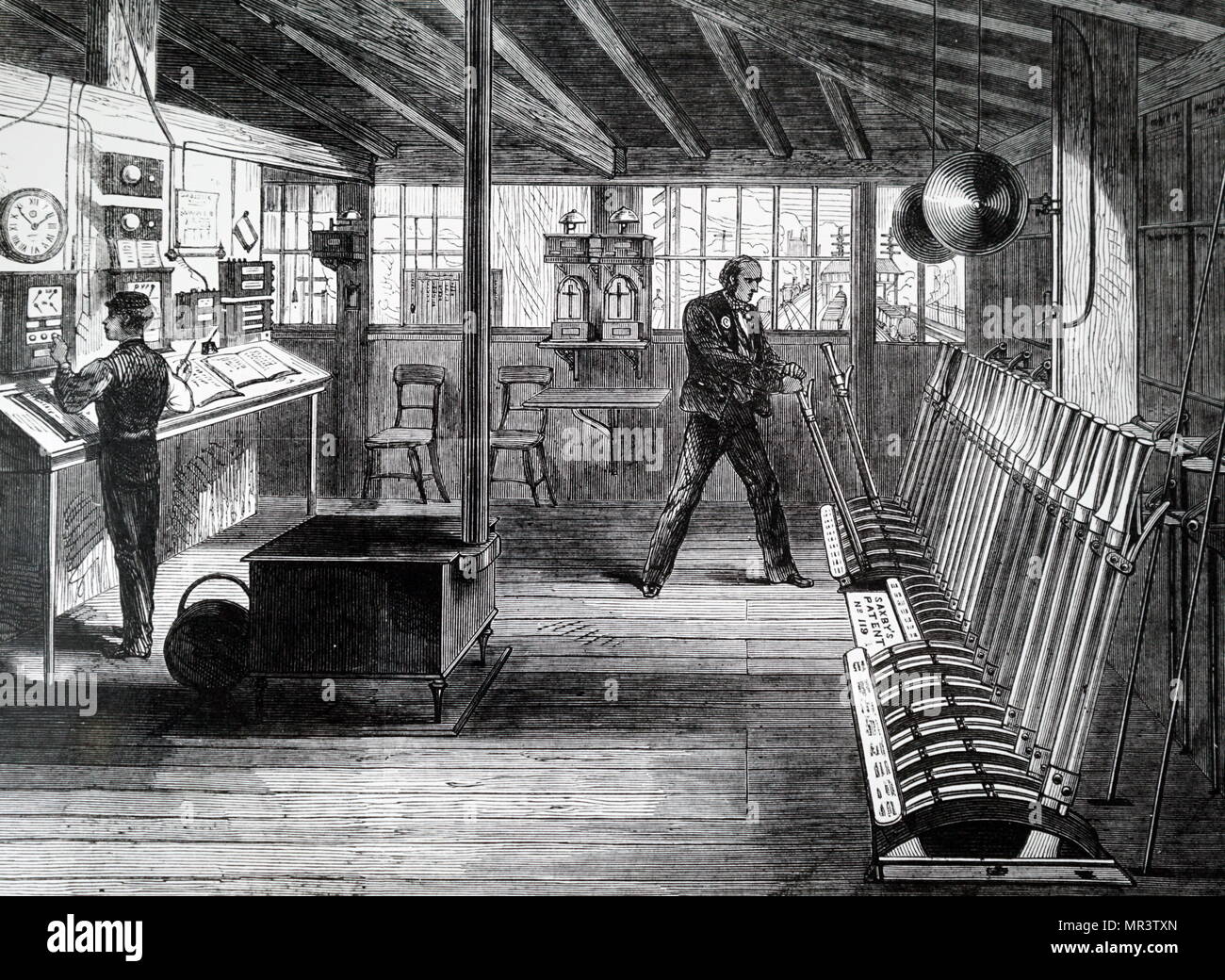 Ilustración mostrando una señal de verificación, utilizado para comunicarse con los trenes y otras cajas de señal, en la estación de London Bridge. Fecha del siglo XIX Foto de stock