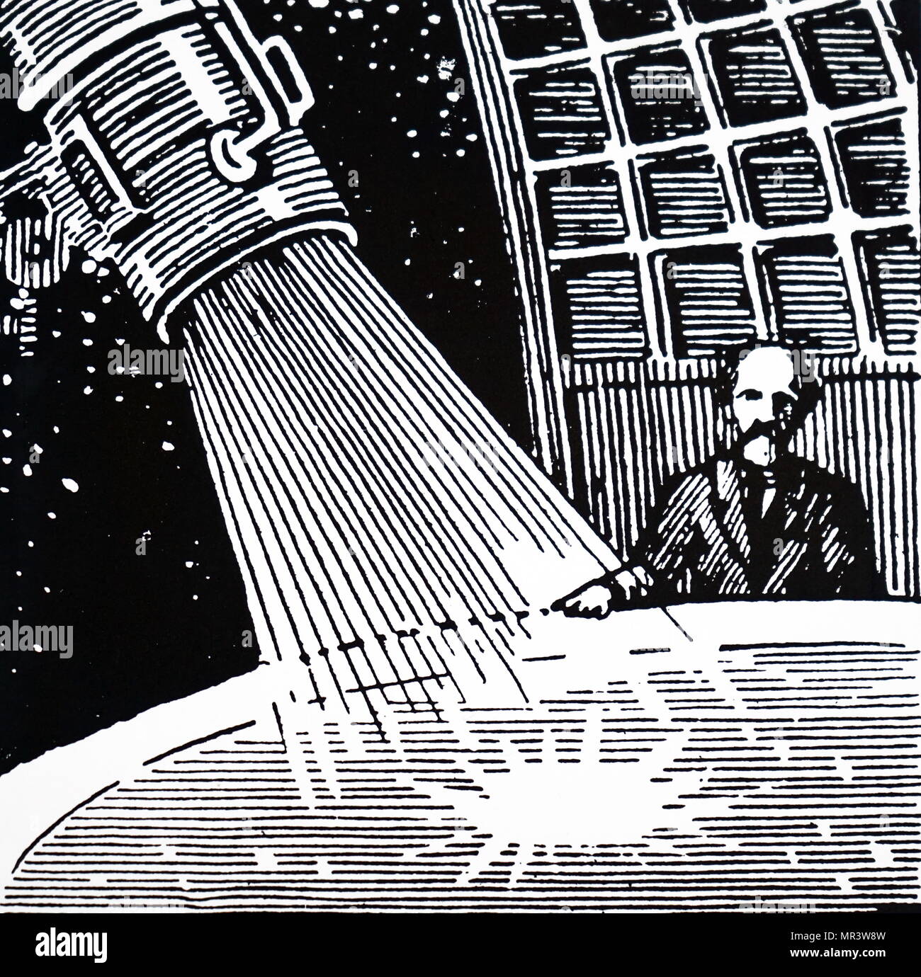 Título de un artículo de Robert H. Goddard y su rocket publicado en Descubrimiento de Londres. Robert H. Goddard (1882-1945), un ingeniero norteamericano, profesor, físico e inventor. Fecha siglo xx Foto de stock