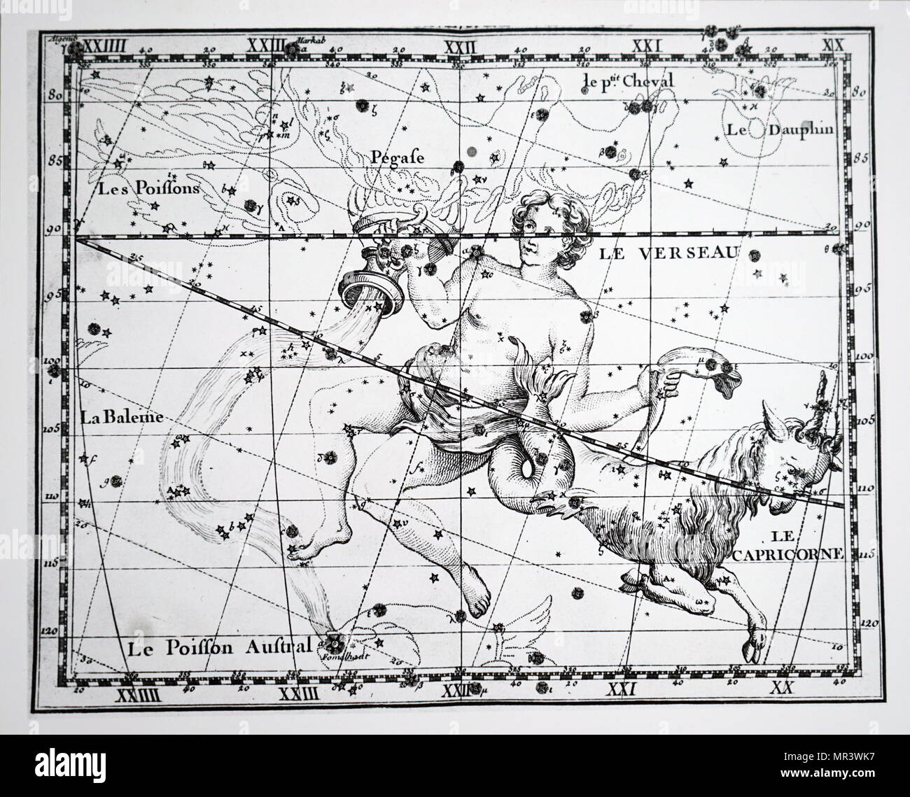 Gráfico que muestra la constelación de Acuario y Capricornio. Fecha del siglo xviii Foto de stock