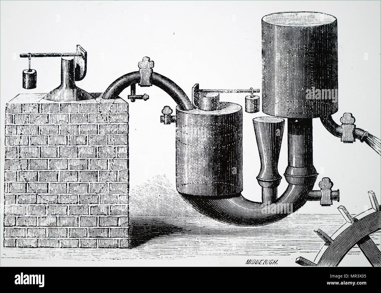 Ilustración mostrando Papin's Steam Engine (1707) para bombear agua de las minas. Fue el primer motor para utilizar la válvula de seguridad que él había inventado 27 años antes de su "igester'. (1647-1713), un físico francés, matemático e inventor, mejor conocido por su invención innovadora del vapor digester, el precursor de la olla a presión y de la locomotora de vapor. Fecha del siglo XIX Foto de stock