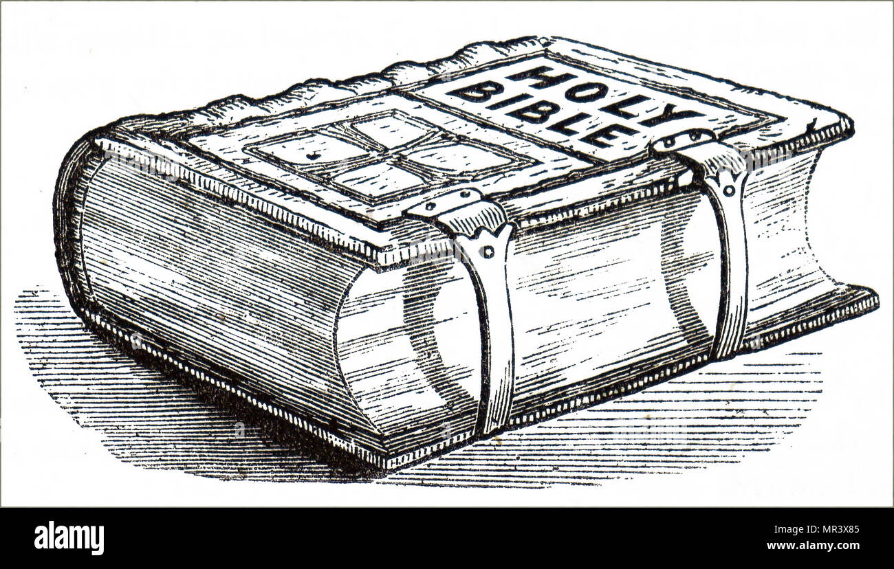 Grabado representando una biblia forrado en piel. Fecha del siglo XIX Foto de stock