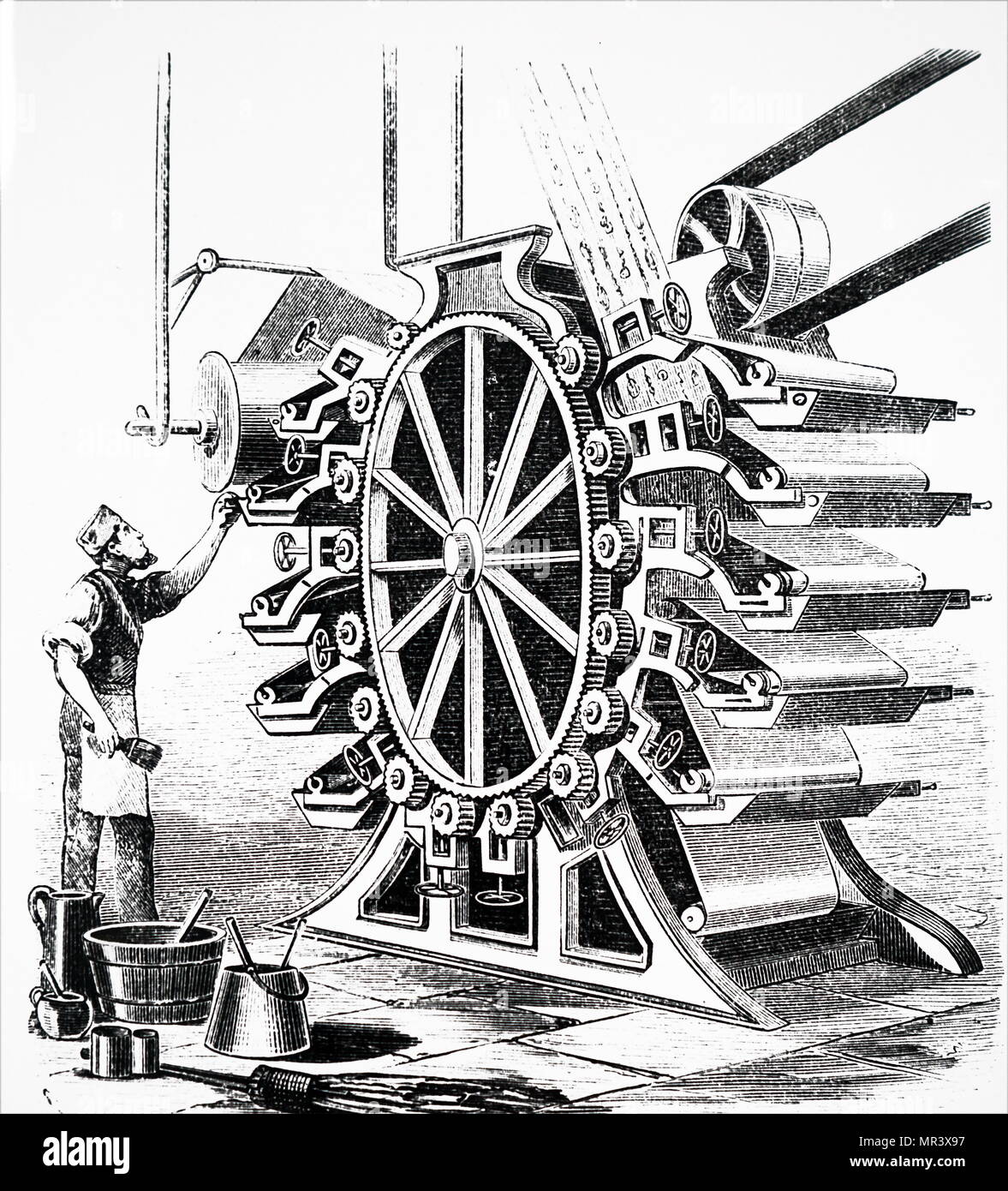 Ilustración mostrando un tapiz de la máquina de impresión. Fecha del siglo XIX Foto de stock