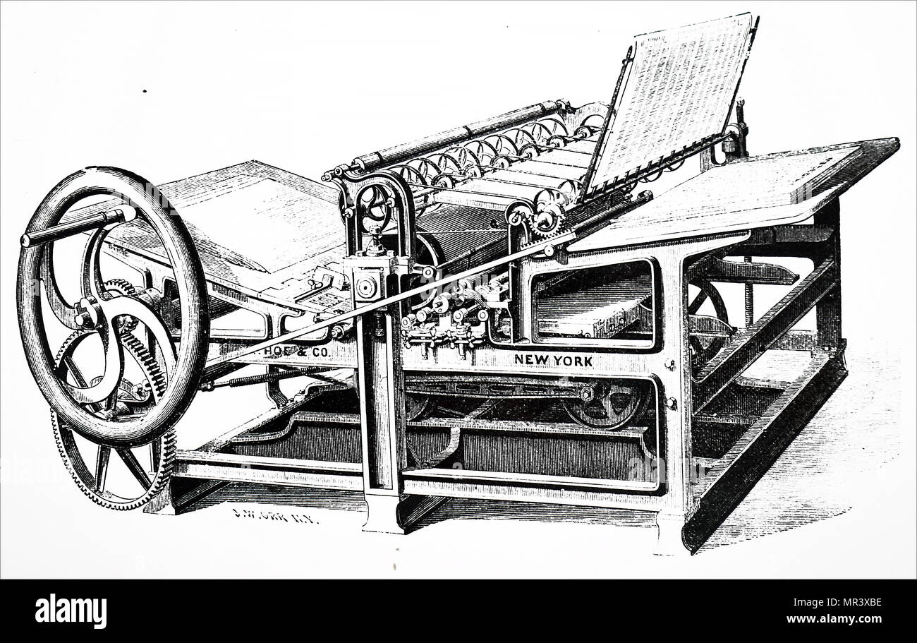 Ilustración de la mano de Ное máquina de impresión en el que la cama moverse hacia atrás y hacia delante en un tipo de vía de ferrocarril, y se realizaron 800 impresiones por hora. Siglo xix, Londres 1876 Foto de stock