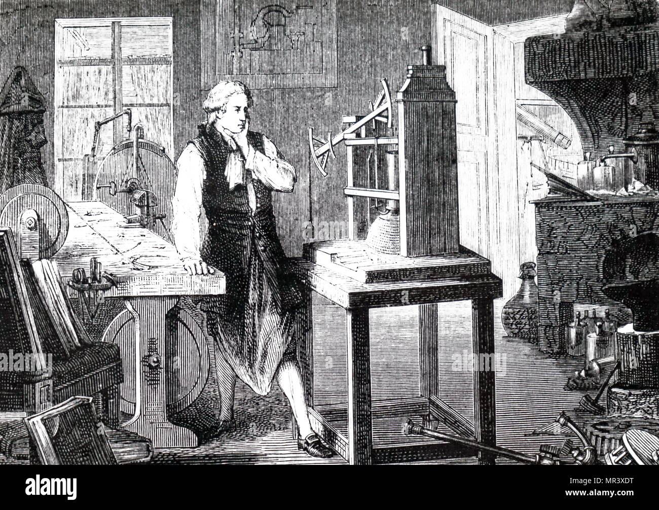 Grabado representando a James Watt (1736-1819), un inventor escocés, ingeniero mecánico y químico. Fecha del siglo XIX Foto de stock
