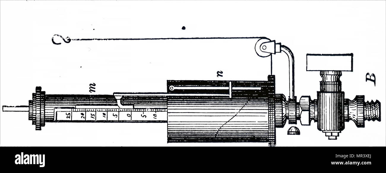 Grabado mostrando el indicador de vapor de James Watts motor de vapor. James Watt (1736-1819), un inventor escocés, ingeniero mecánico y químico. Fecha del siglo XIX Foto de stock