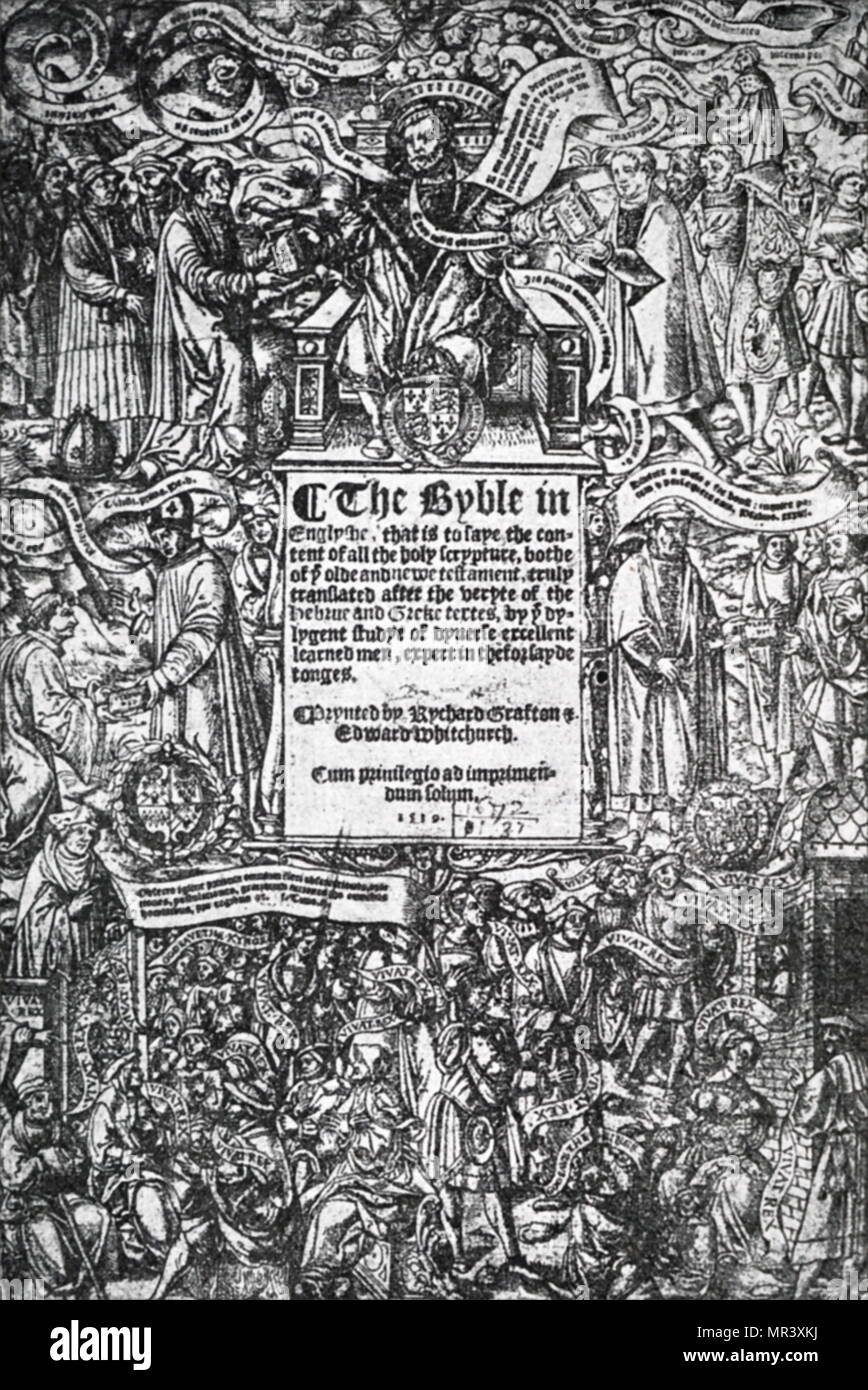 Grabado titulado La gran página de la Biblia. Fecha del siglo XVI. Foto de stock