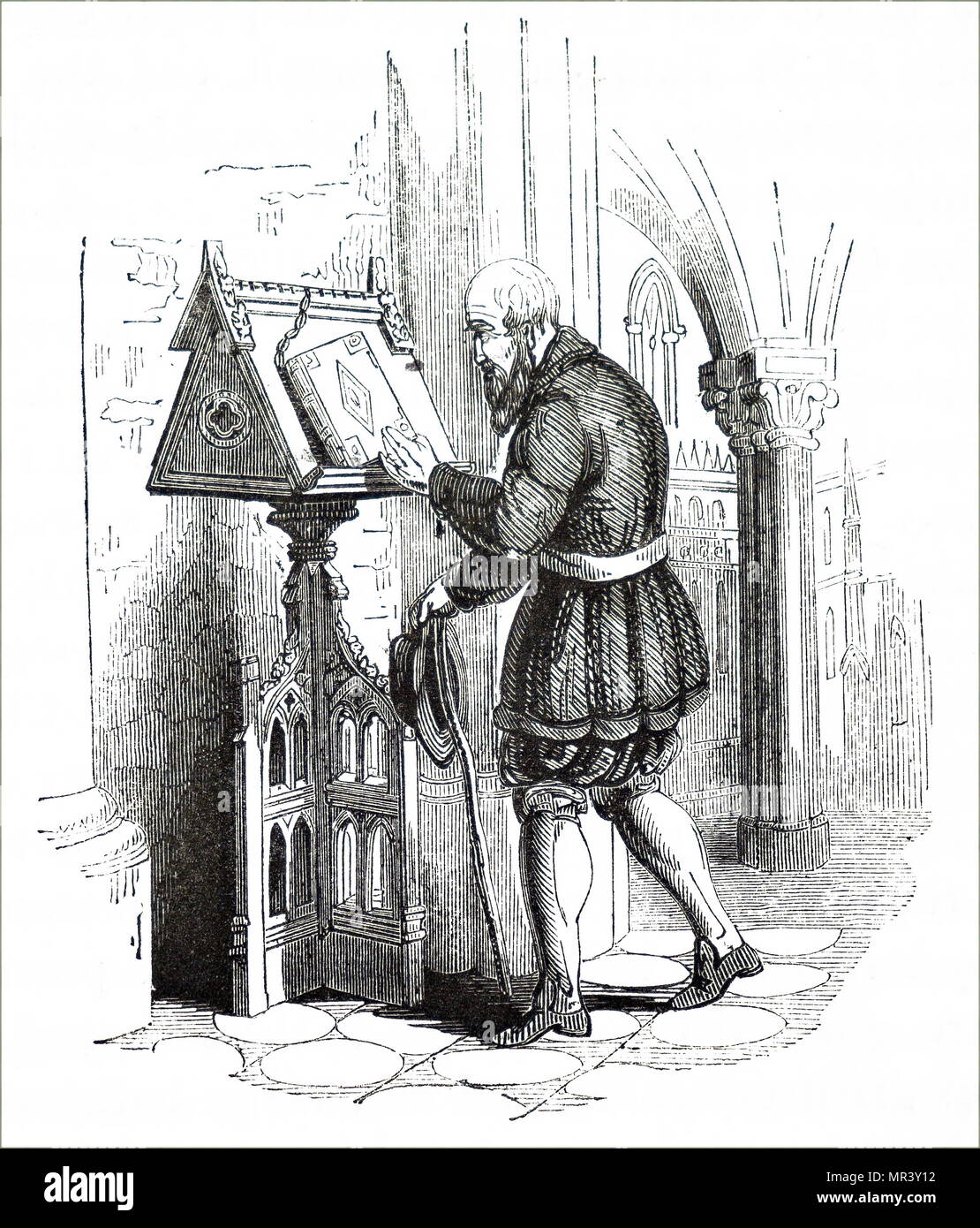 Ilustración que retrata a un hombre leyendo la Biblia encadenada en la Catedral de San Pablo. Fecha del siglo XIX Foto de stock