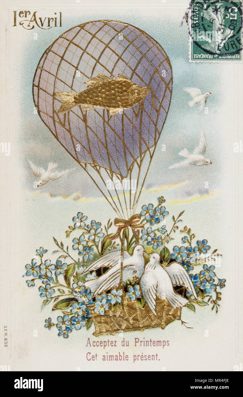 Francés postal con imágenes de un globo, pájaros y flores 1900 Foto de stock