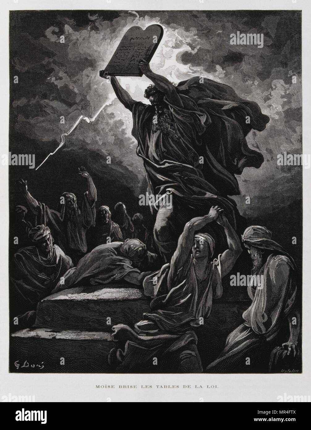 Moisés rompe las tablas de la ley con los diez mandamientos tras su  descenso desde el Monte Sinaí, Ilustración de la Biblia Doré 1866. En 1866,  el artista e ilustrador francés Gustave
