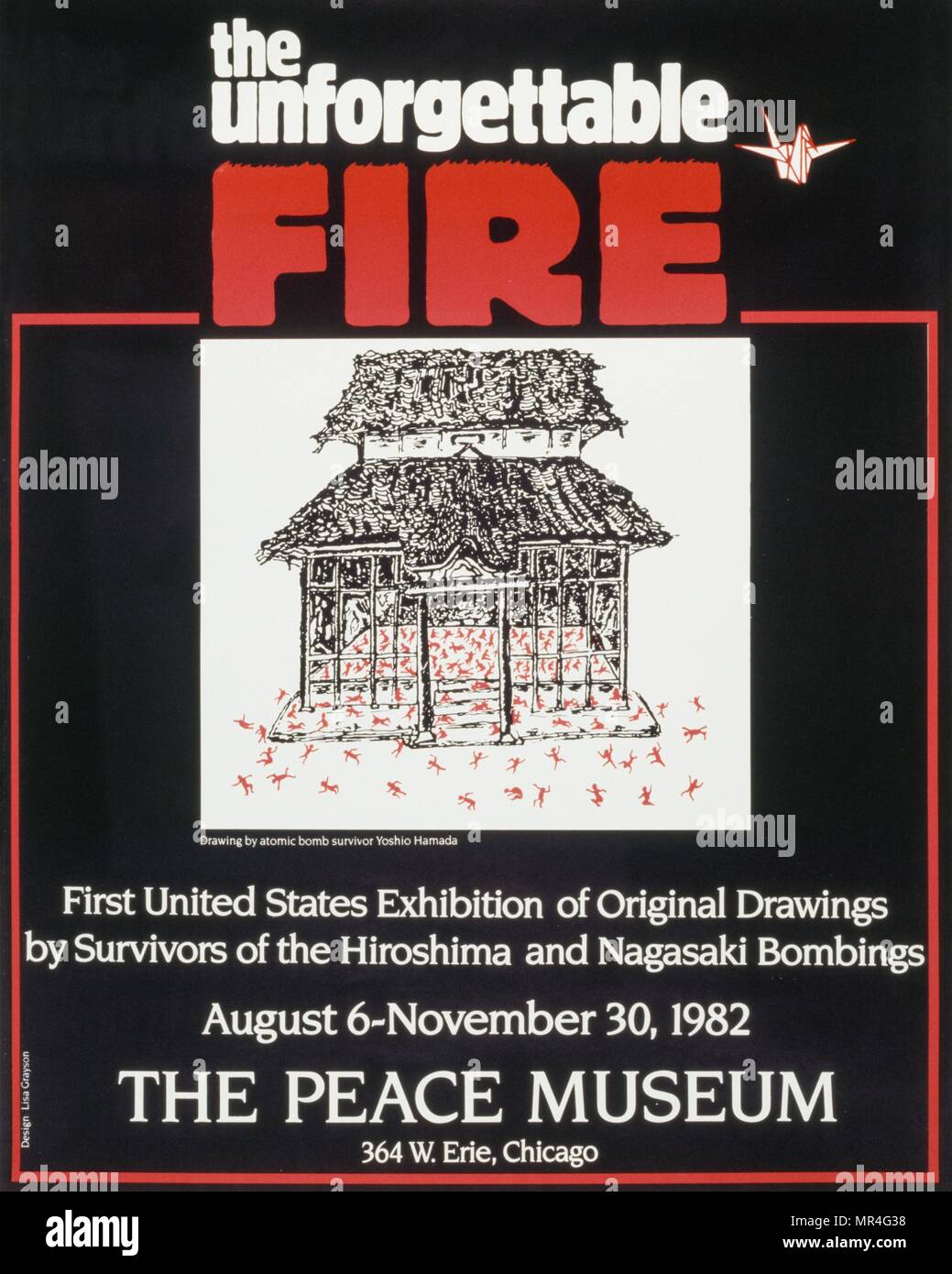Cartel para la exposición en el Museo de la paz sobre los sobrevivientes de la bomba atómica en Hiroshima. 1982, Chicago Foto de stock