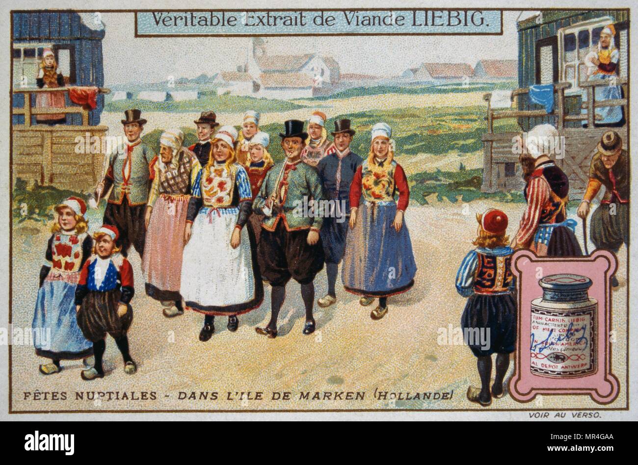 Tarjeta Leibig representando una escena de la boda tradicional holandés 1900 Foto de stock