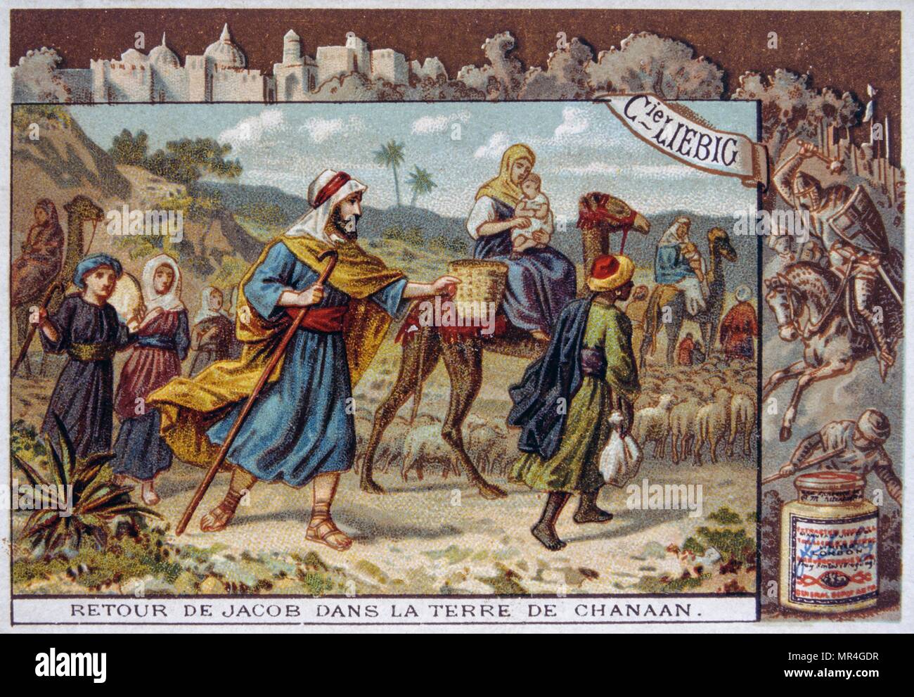 Tarjeta Leibig representando una escena de la Biblia: Jacob vuelve a Canaán. Foto de stock
