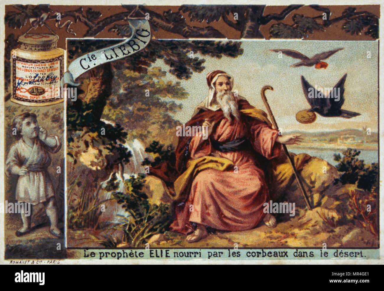 Tarjeta Leibig representando una escena de la Biblia: el profeta Elie en el desierto Foto de stock