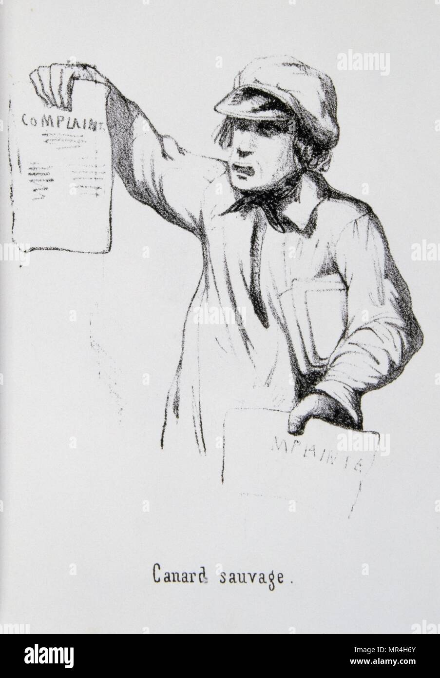 Vendedor de periódicos franceses 1850, dibujo Foto de stock