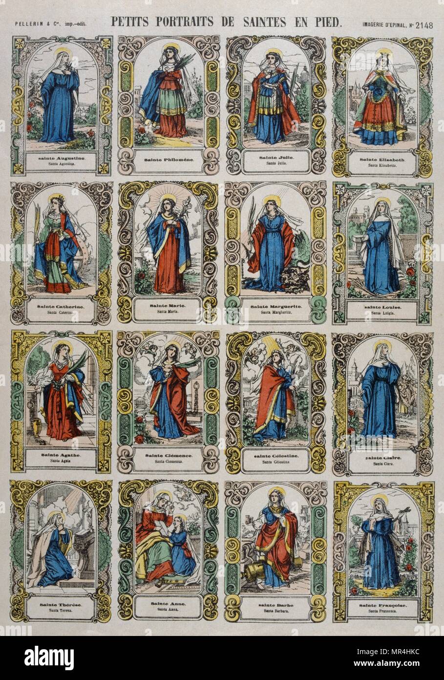 Francés del siglo XIX, de xilografía color ilustración mostrando mujeres santos católicos. Foto de stock