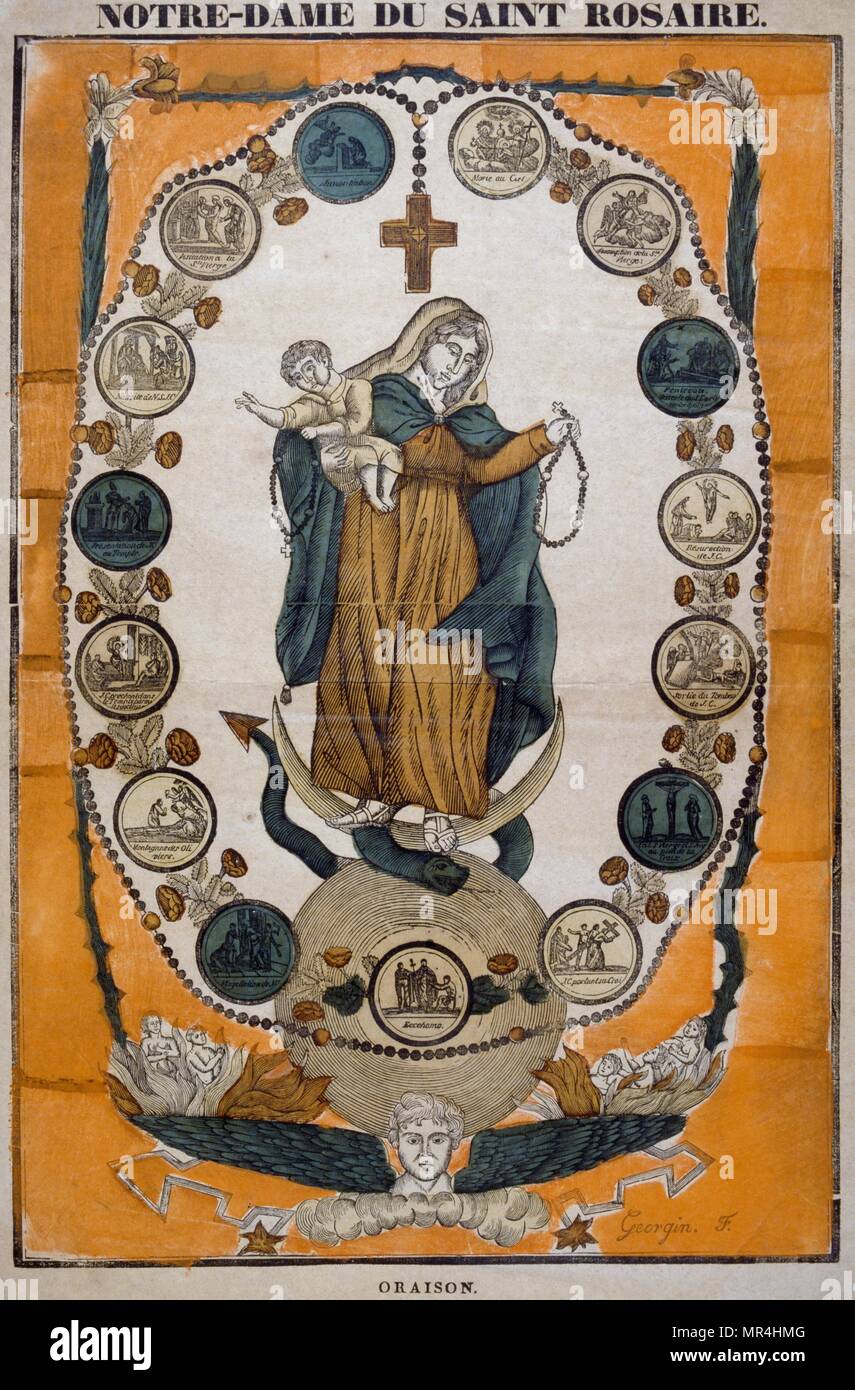 Francés del siglo XIX, de color ilustración mostrando la Virgen María  llevando a Jesús y sosteniendo un rosario Fotografía de stock - Alamy