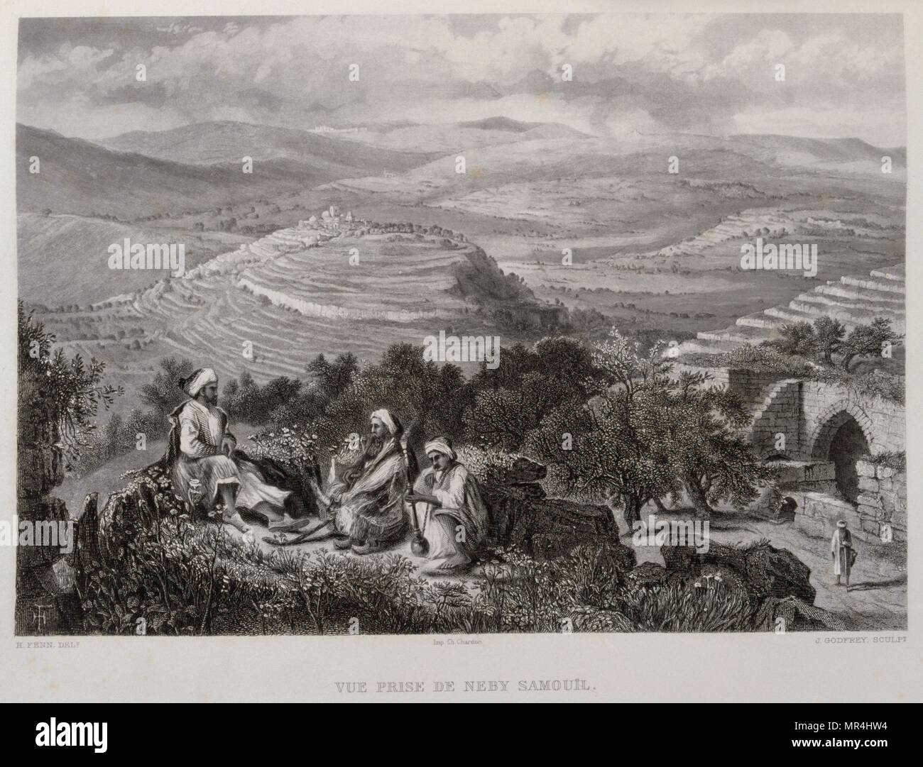 1875 Grabado, por Victor Guerin (1821 - 1891), representando a la tumba de Samuel. Nabi Samu'il o Nebi Samwil, es el tradicional sitio de entierro del hebreo bíblico y profeta islámico Samuel, en la cima de una colina en la aldea palestina de Nabi Samwil en la Ribera Occidental, Foto de stock