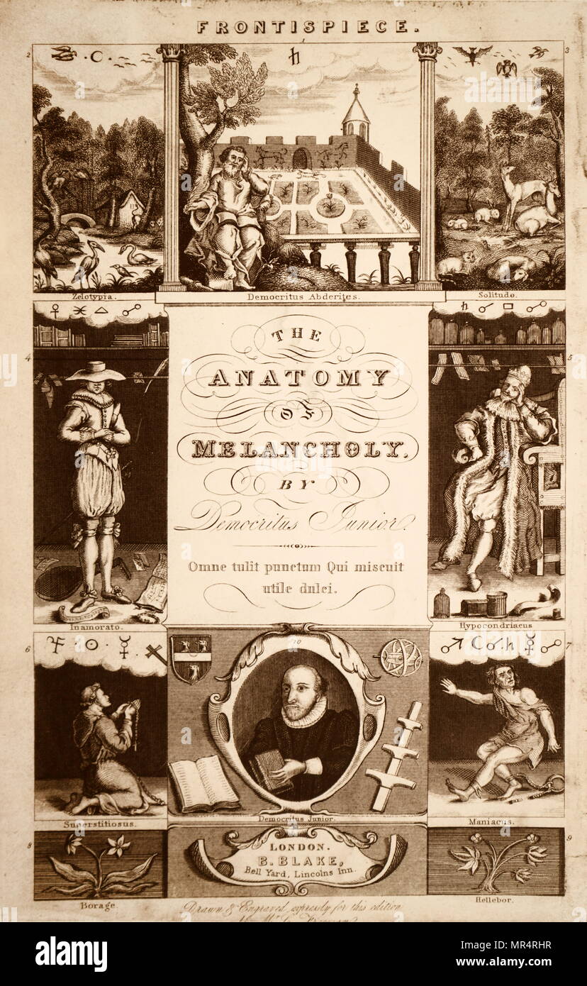 Frontispicio de Robert Burton "la anatomía de la Melancolía' de Londres,  1836. Originalmente publicado 1621. Aquí se muestran las variaciones de la  melancolía, desde la juventud en el amor a la maniac