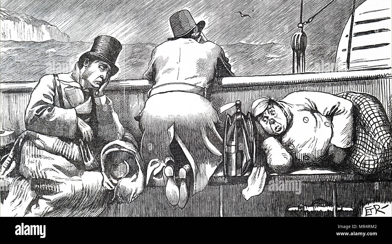 Caricatura de pasajeros de un vaporizador de canal que se sienten enfermos debido a mar mar embravecido. Fecha del siglo XIX Foto de stock