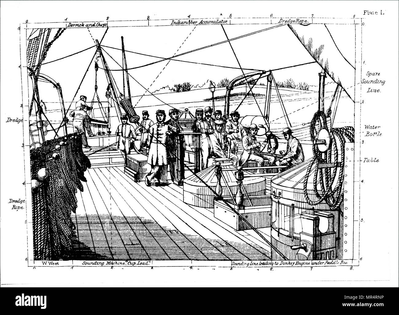 Grabado representando el equipo de dragado de aguas profundas usado en la HMS Porcupine durante su viaje en el verano de 1869. Fecha del siglo XIX Foto de stock