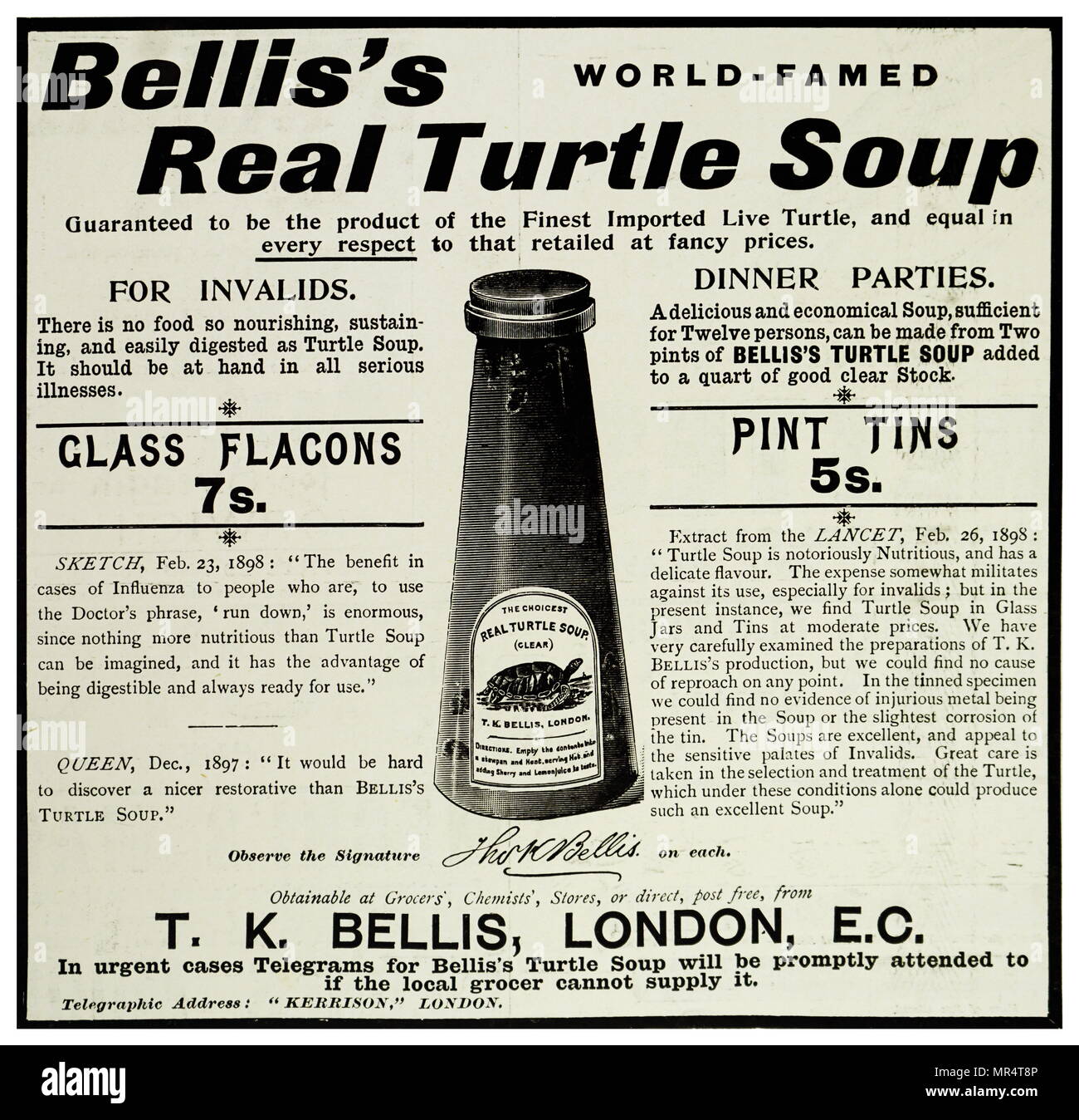 Anuncio de Bellis la verdadera sopa de tortuga fabricada a partir de la tortuga verde comestible. Fecha del siglo XIX Foto de stock