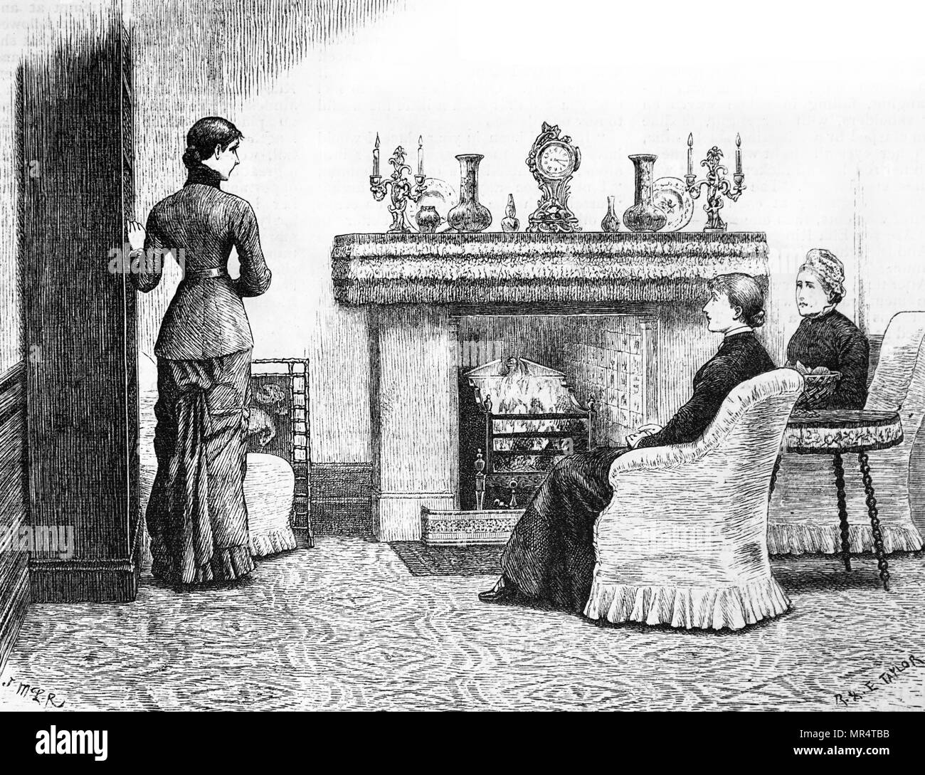Ilustración representando la mujer sentado delante de un fuego abierto con un guardabarros de latón y cesta de fuego. Fecha del siglo XIX Foto de stock
