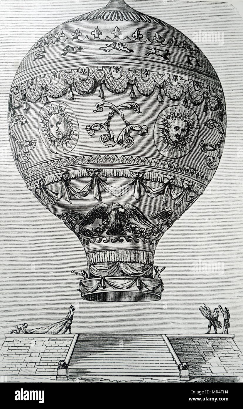 Grabado representando François Laurent d'Arlandes le Vieux y Jean-François Pilâtre de Rozier en su globo Montgolfier en que se hizo el primer vuelo tripulado en globo libre el 21 de noviembre de 1783. François Laurent d'Arlandes le Vieux (1742-1809) fue un soldado francés Marquis, y un pionero de globos de aire caliente. Jean-François Pilâtre de Rozier (1754-1785) fue un profesor de física y química francesa, y uno de los pioneros de la aviación. Fecha del siglo xviii Foto de stock