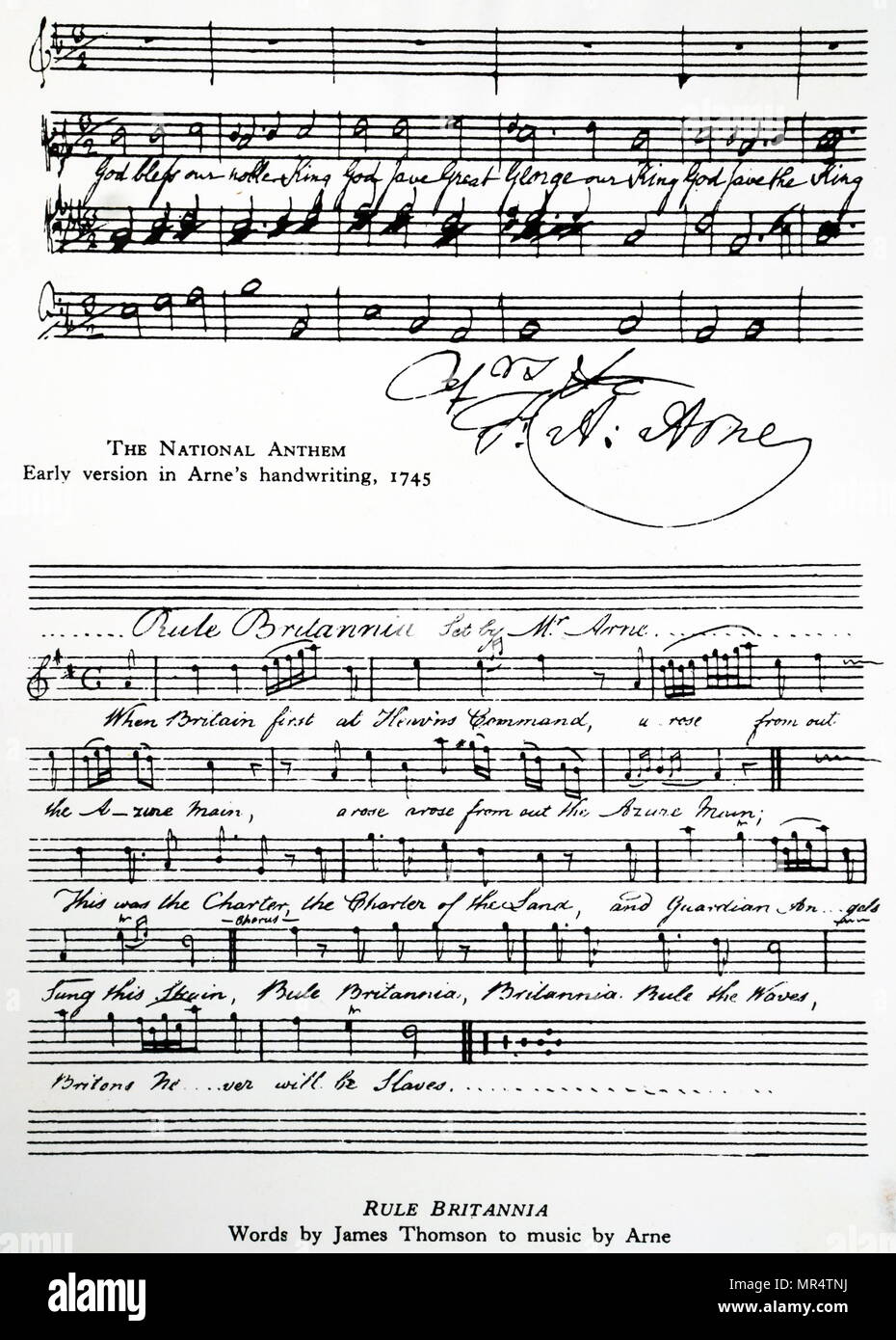 Partituras para el Himno Nacional Británico y el imperio Britannia compuesto por Thomas Arne. Thomas Arne (1710-1778), un compositor inglés. Fecha del siglo xviii Foto de stock