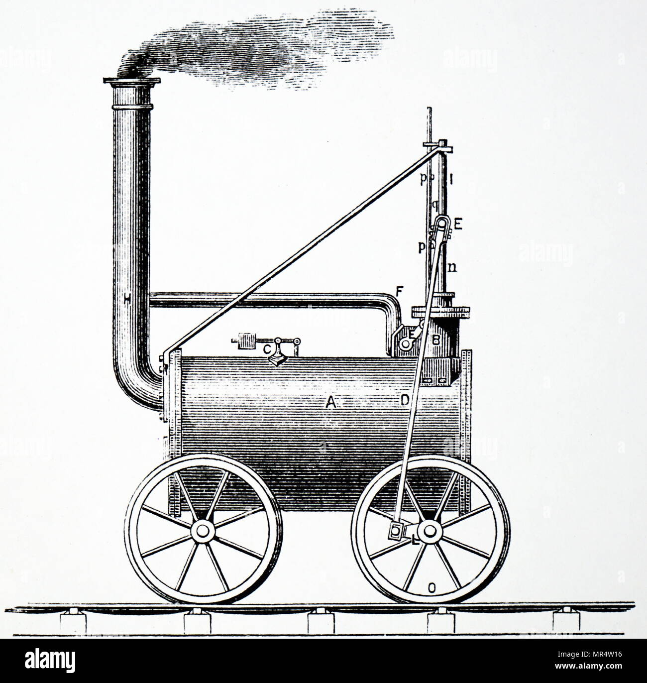 Richard Trevithick grabado representando la locomotora de vapor de 1804 para la línea de tranvía Penydarren. Richard Trevithick (1771-1833) un inventor británico y el ingeniero de minas de Cornwall, Inglaterra. Fecha del siglo XIX Foto de stock