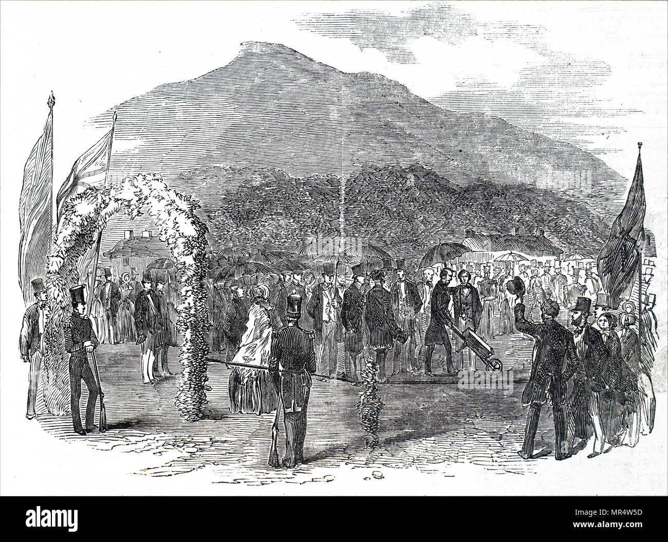 Grabado representando una ceremonia de corte de la nueva línea ferroviaria de Limerick y vestíbulos. Fecha del siglo XIX Foto de stock